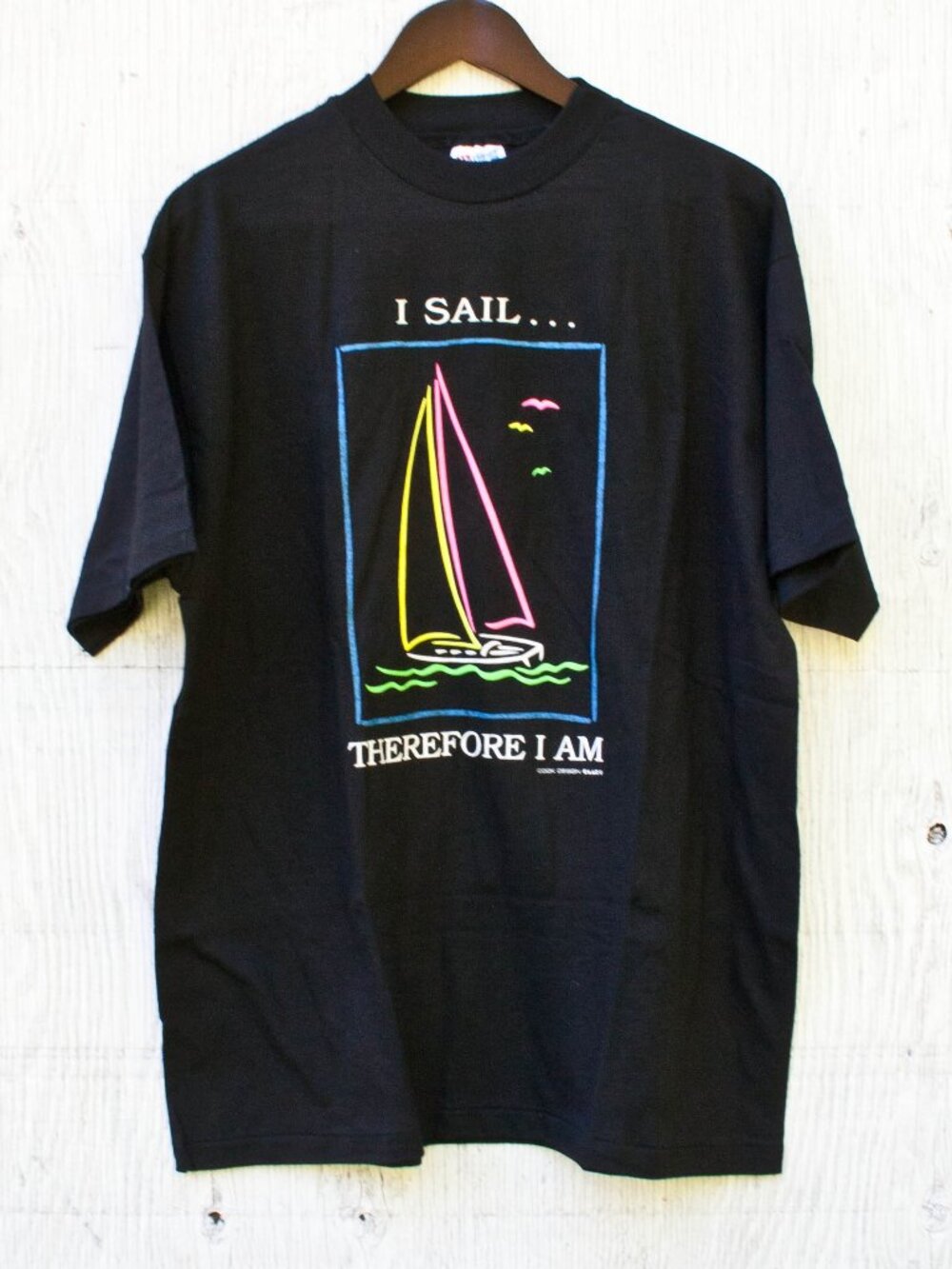 Vtg Black and Neon Sailing Tshirt - Large Beach Tee - I Sail therefor I Am
